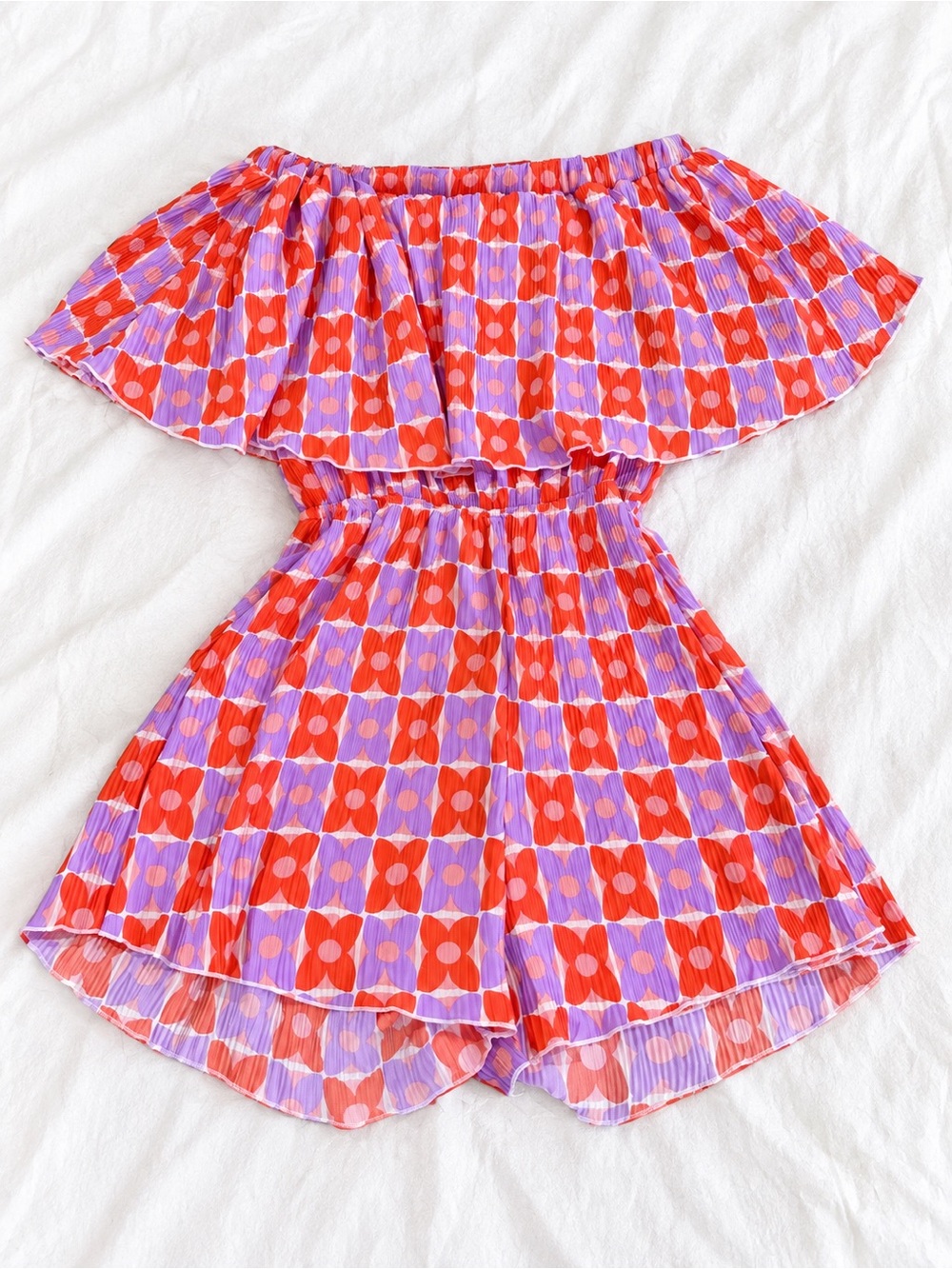 Fashion Nova Girls' Off-Shoulder One-Piece in Red and Lavender Floral Print